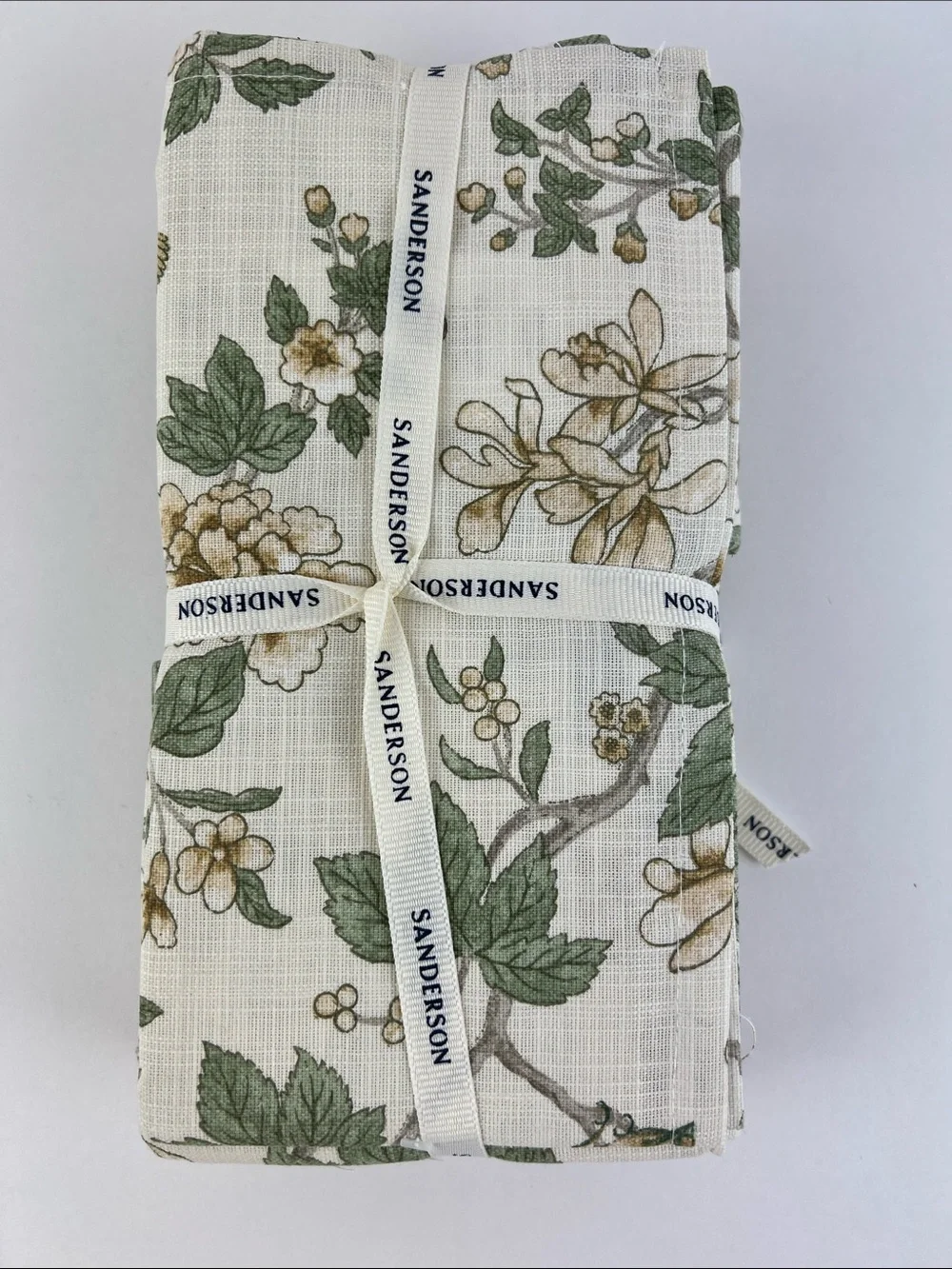 Sanderson Floral Linen Napkins in Green and Cream 100% Cotton Set of 8 NEW